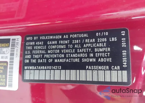 2010 Volkswagen Eos Komfort из США, поврежденный, VIN WVWBA7AH9AV014213